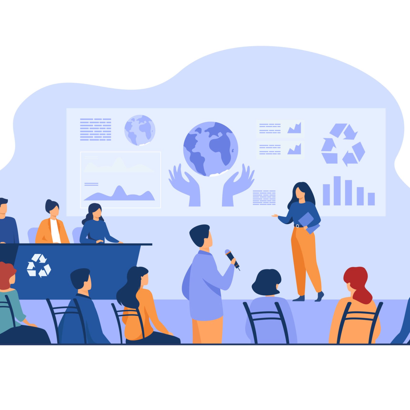 Ecological press conference member speaking on stage before audience, presenting graphs with earth. Vector illustration for global meeting, scientific forum, mass media concept