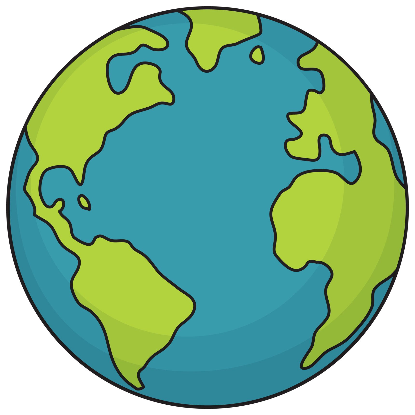 Vector illustration of Earth with bold outlines and vibrant colors, showcasing continents and oceans in a simplified style