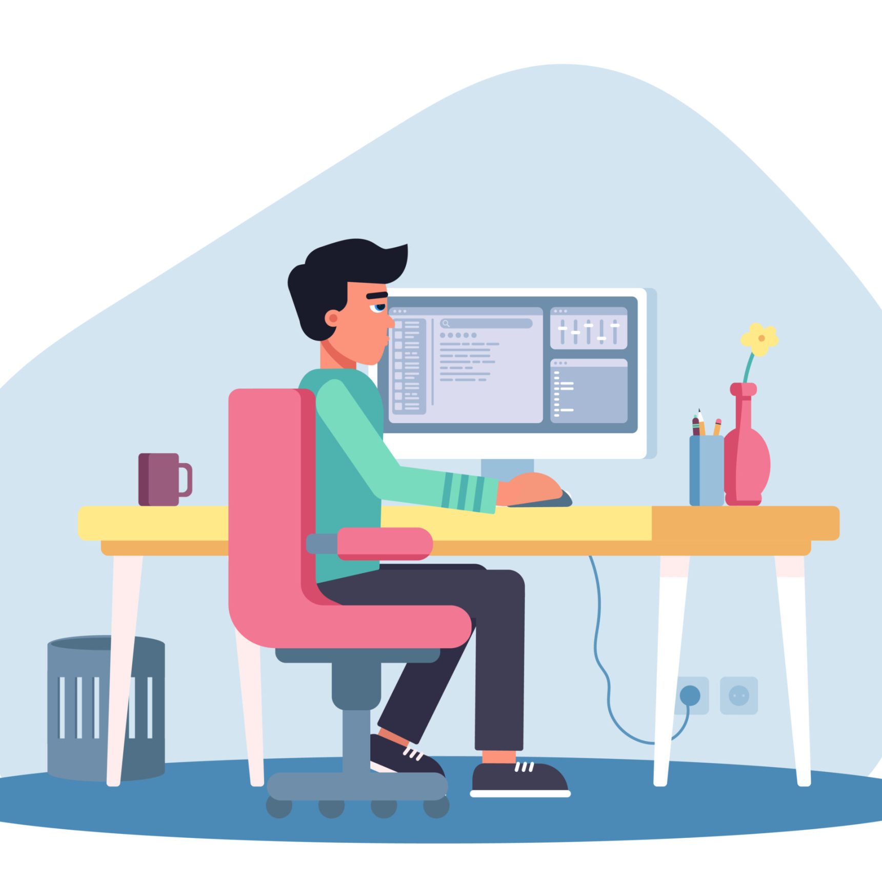 Man sysadmine or computer programmer working at computer. Businessman sitting on chair at table at workplace. Business analytic in office. Creative specialist technician at work. Vector illustration